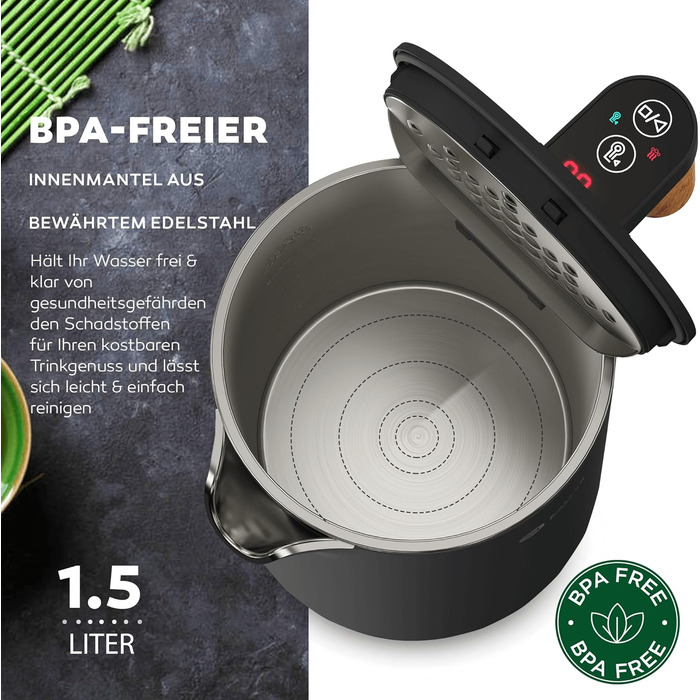 BALTER Stainless Steel Kettle with Temperature Setting, 45°C-100°C, Double-Walled, BPA Free, Quiet & Cordless, Keep-Warm Function, Tea Kettle with Temperature Display, 1.5L, 2200W, Black