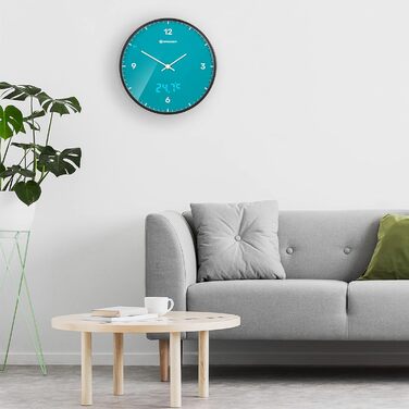 Bresser MyTime Radio-Controlled Wall Clock without Ticking Sounds, 24 cm Dial, LED Second Display, Indoor Temperature, and Silent Radio Movement, (Sky Blue)