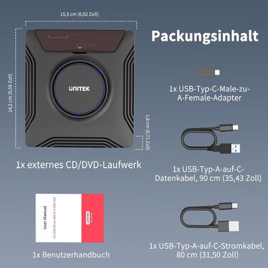 Зовнішній CD/DVD привід UNITEK USB-C, портативний DVD-плеєр з картридером SD, USB 3.0 Hub та CD-ROM записником для ноутбуків, ПК, Windows, Linux, macOS (чорний)