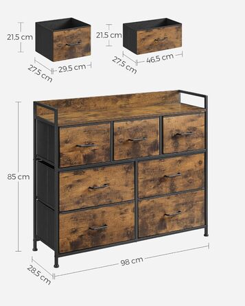 SONGMICS Chest of Drawers, Cabinet, 7 Fabric Drawers with Handles, Metal Frame, Industrial Design, Vintage Brown-Ink Black LTS137B01