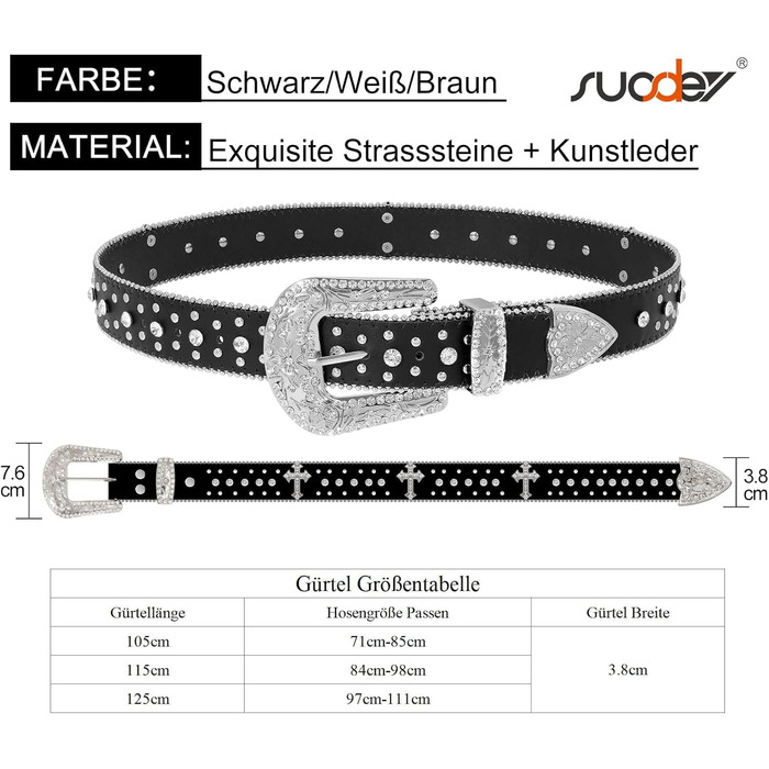 Чоловічий/Жіночий шкіряний ремінь SUOSDEY з стразами, декоративним хрестом, стиль ковбойський/вестерн, ширина 3.8 см, колір чорний/білий, довжина 115 см, підходить для талії 84-98 см