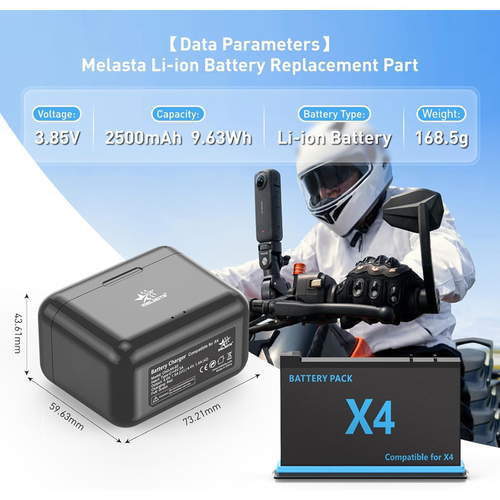 Акумулятор Melasta 2500mAh для Insta360 X4 (2 шт.) з зарядним пристроєм USB-C. Запасний акумулятор для екшн-камери Insta360 X4