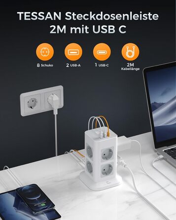 Багаторозкладна мережева панель TESSAN з захистом від перенапруги, 3600W, 16A, 8 розеток, USB-C, 2м кабель, сірий колір