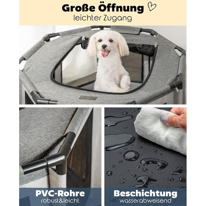 Вольєр для цуценят Lionto з оксфордської тканини, сірий, 112x112x62 см. Атмосферостійкий, з сіткою, блискавкою та кишенею. Підходить для собак та котів.