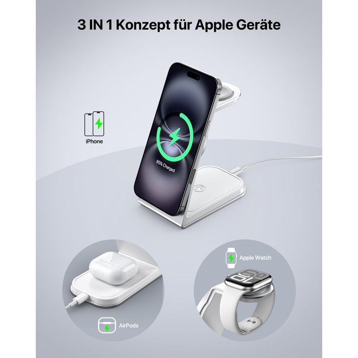 Зарядний стан MagSafe 3 в 1: для Apple Watch, iPhone та AirPods Pro 3/2. Бездротова зарядка для iPhone 16/15/14/13/12 (срібло)