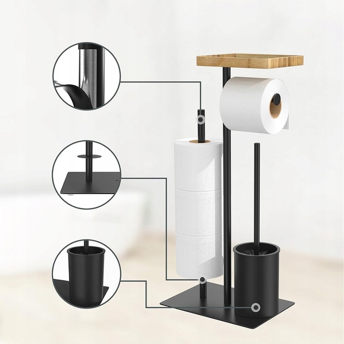 Набір для ванної кімнати: підставка для туалетного паперу з полицею та йоржик для унітаза, чорний метал, Interior