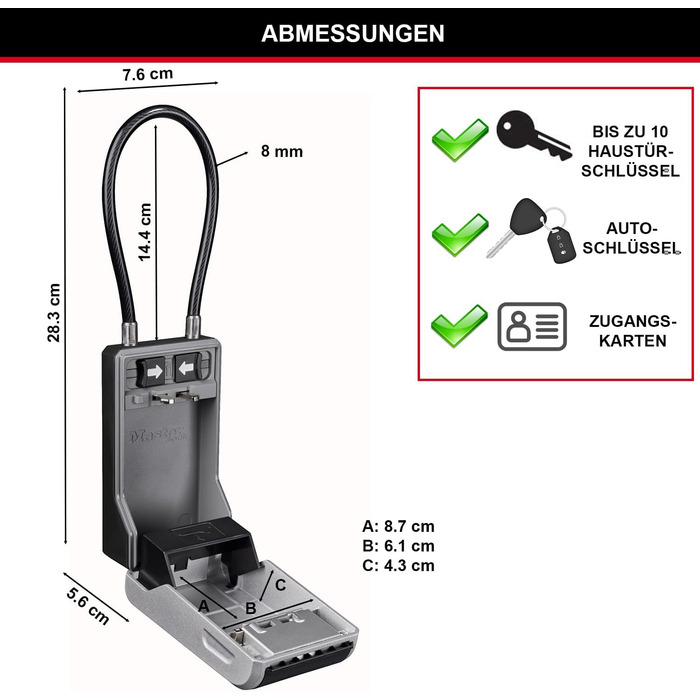 Master Lock Outdoor Key Safe Wall Mount - XL with Cable Lock - 11.9 x 8.5 x 3.6 cm