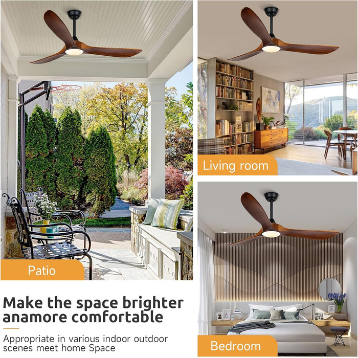 Дзеркальний вентилятор для стелі з дерева, без освітлення, з дистанційним керуванням, тихий, для вологого приміщення (132 см/52 дюйми, коричневий, 3 лопаті)