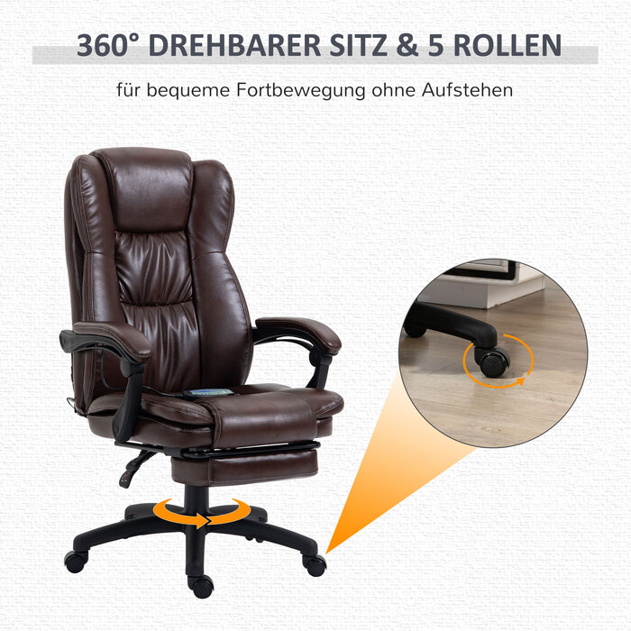 Vinsetto Adjustable Swivel Chair with Footrest, Headrest, Massage Function, Faux Leather, 68.5x68.5x113-121cm, Brown