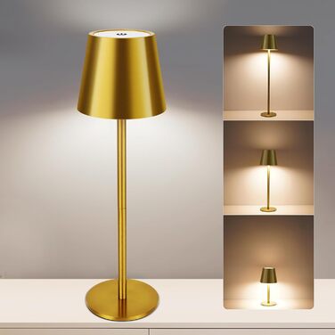 Світлодіодна настільна лампа бездротова з сенсорним керуванням, USB-C, димування, акумуляторна, 3 режими світла, регульована висота, IP54 водонепроникна, золота. Для ресторану, спальні, бару, вулиці