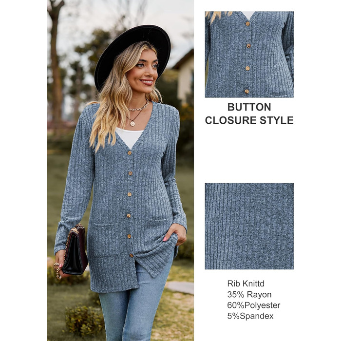 Кардиган жіночий з довгим рукавом, відкритий спереду, на ґудзиках, V-подібний виріз, легкий, з кишенями, XXL, блакитний