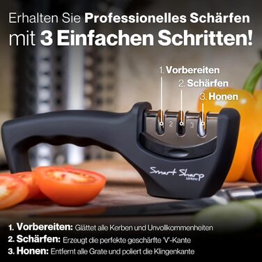 Точилка для ножів Lantana Smart Sharp - професійний набір для заточування кухонних ножів. 3 ступені (кераміка, вольфрам карбід, діамант), ергономічний дизайн, чорний та хром.