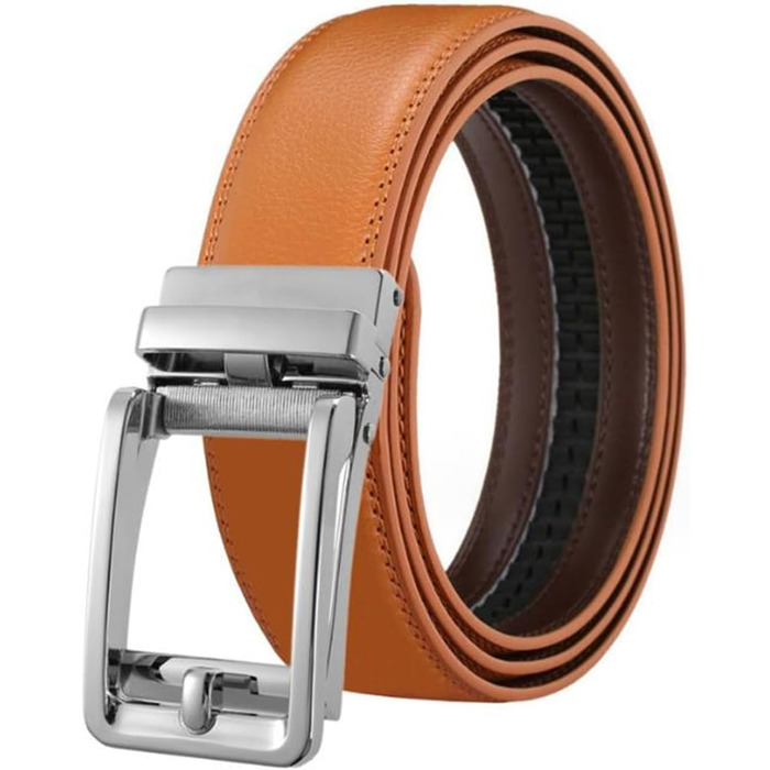 Чоловічий шкіряний ремінь на автоматичній застібці з металевою пряжкою, 3.5 см, білий/жовто-коричневий, довжина 130 см