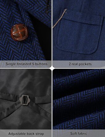 Чоловічий жилет твідовий ретро смокінг Slim Fit AIEEOE з кишенями, темно-синій, XL
