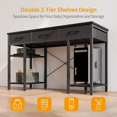 CubiCubi 120x50cm Desk with 3 Drawers & 4 Shelves - Home Office, Computer & Gaming Desk - Black
