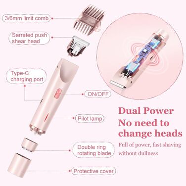 Електричний тример для бікіні з двома головками - для жінок та чоловіків. Інструмент для інтимної зони, для гладкої шкіри. Рожевий колір.