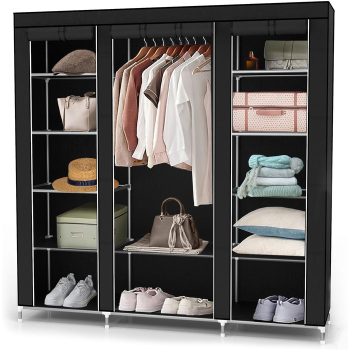 INTIRILIFE Folding Wardrobe 150x175x45 cm in Raven BLACK - with Zipper Fabric Wardrobe, Clothes Rack, Compartments and Side Pocket - Camping Pop-up Wardrobe Textile Clothes Rack