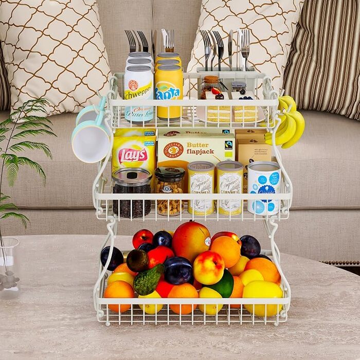 Баскет для фруктів та овочів на 3 ярусах, полиця на кухонну стільницю, легка установка, знімна, ідеальна для фруктів та овочів (білий)