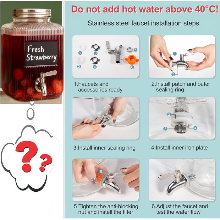2 шт. диспенсер для напоїв на 4.5 л зі скляним краном, широка горловина, диспенсер для напоїв, підставка та нержавіюча сталь - для вечірок, коктейлів, соку, води та напоїв 4.5 л, 2 шт.