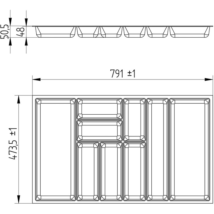 Вставка для столових приборів ORGA-BOX 3 антрацитова з текстурою Canvas, розмір 473x791 мм, для висувних шухляд 90 см (Nobilia, після 08.2012)