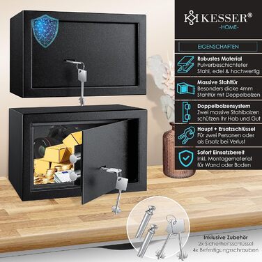 Сейф KESSER для меблів з двобортним замком, чорний, 30x20x20 см, з 2 ключами та кріпленням