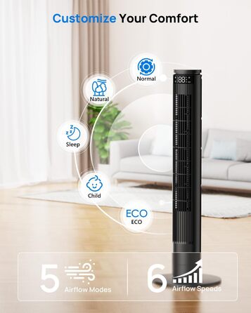 Вентилятор Tower Leise з Пультом, 91 см: 5 Режимів, 6 Швидкостей, Таймер 12 год, ECO-режим, Обертання 70°, для Вітальні та Спальні