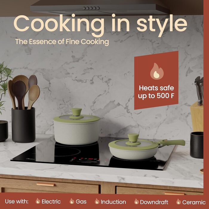 Набір посуду Bakken 15 предметів з антипригарним покриттям та знімними ручками – гранітні каструлі та сковороди, що складаються одна в одну, придатні для посудомийної машини та духовки, сумісні з усіма типами плит – зелено-кремовий