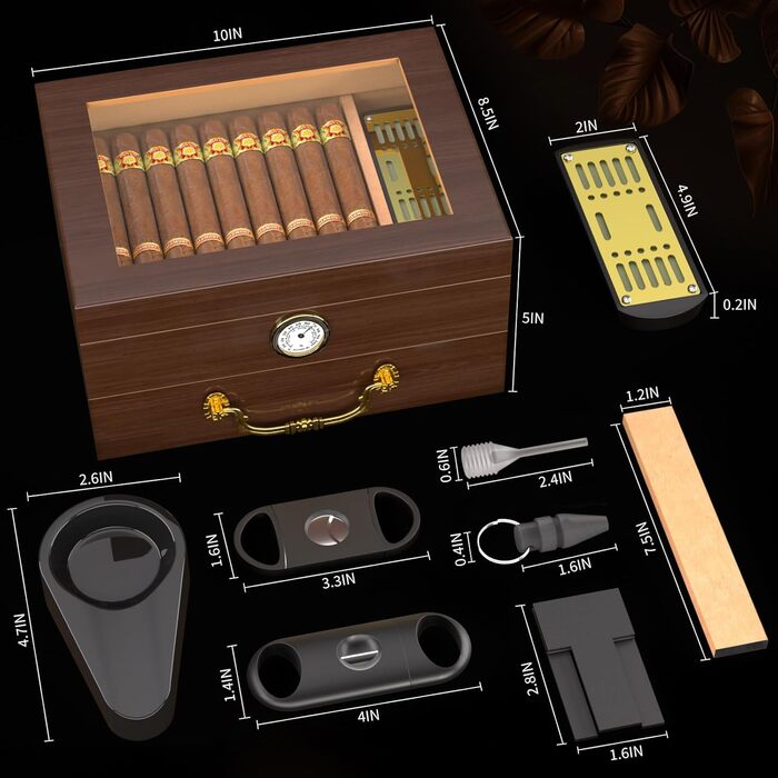 Герметичний вологомір для сигар | Humidor з вологоміром, виготовлений з порцелянового дерева, аксесуари, повний комплект аксесуарів | Для 20–70 сигар (Колір: чорне горіхове дерево)