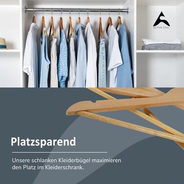 Набір дерев'яних вішалок ACTIVE SOUL (20 шт.) з вирізами для одягу та перемичкою для штанів, 360° обертання, для костюмів, сорочок, блузок та штанів
