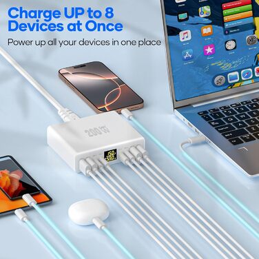 Зарядний пристрій USB-C багатопортовий 8 портів 200W GAN YSYFAD з LED індикатором, PD PPS Type-C, QC3.0, швидка зарядка для iPhone, iPad, MacBook, ноутбуків, білий