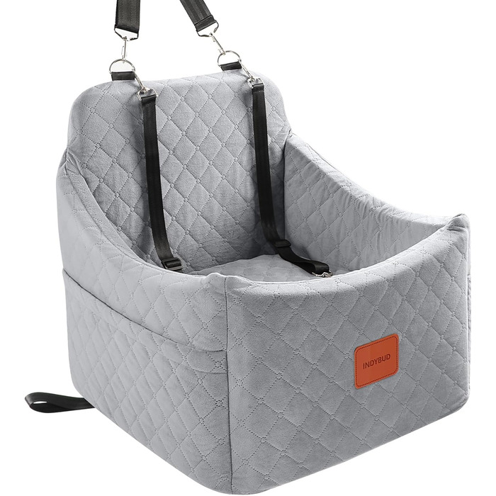 Автокрісло для собак середніх та маленьких порід, сіре, з кишеньками для зберігання та поводок. З піднятою спинкою.