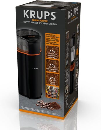 Електрична кавомолка Krups GX3328 Silent Vortex 3-в-1 для кавових зерен, спецій і трав, тиха, знімна чаша, мийка в посудомийці, чорна