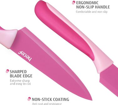 Набір ножів Hecef 14 предметів у блоці, з антипригарним покриттям, для посудомийної машини, самозаточуваний, ергономічні ручки, кухонний набір для будь-якої кухні (рожевий)