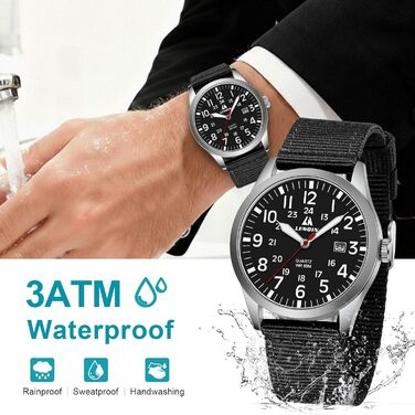 Чоловічий годинник LN LENQIN: аналоговий кварцовий годинник з нейлоновим ремінцем, 30M водостійкість, з датою (чорний, срібний, чорний)