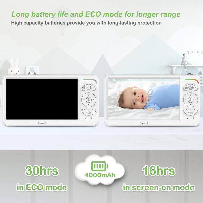 Відеоняня Blemil BL9064 з камерою, 6-дюймовий IPS дисплей, акумулятор 3000 mAh, ECO-режим, авто-нічне бачення, 2-сторонній аудіо, радіус дії 300 м, розпізнавання плачу