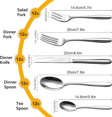 Velaze Cutlery Set 12 People, 60-Piece Stainless Steel Cutlery Set, Cutlery Set with 12 * Dinner Knives/Forks/Cake Forks/Spoons/Coffee Spoons, Polished Cutlery Dishwasher Safe