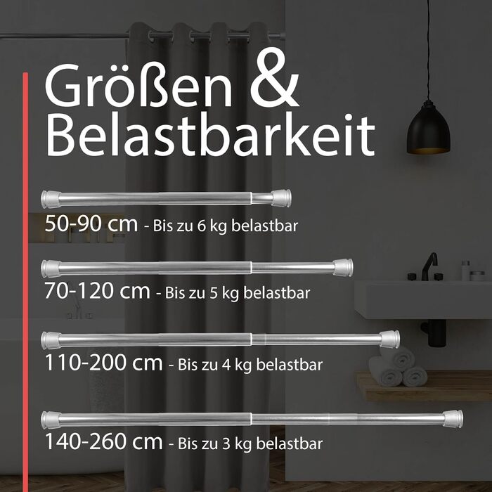 Штанга для душу/завіси без свердління, регульована (115-200 см, срібна)