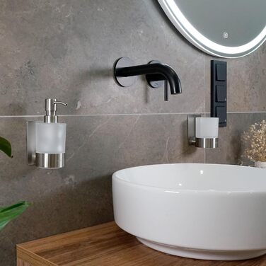 Dolvhin® Soap Dispenser Wall Mount No Drilling | Frosted Glass Hand Soap Dispenser | Stainless Steel Pump Dispenser & Wall Holder | Adhesive Wall Soap Dispenser | Dish Soap Dispenser 250ml | Silver Gray