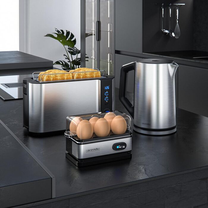 Набір Arendo: чайник, тостер та яйцеварка, нержавіюча сталь, сірий, 1.5л, 40-100°C, 4 тости, LED-дисплей, 6 рівнів підсмажування, на 1-6 яєць