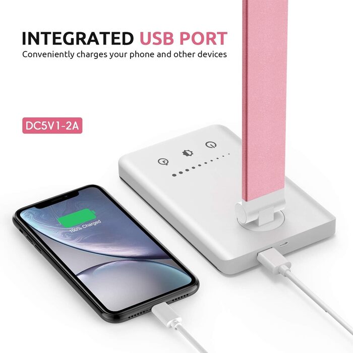 LED лампа настільна дитяча регульована рожева з акумулятором 2500mAh, 5 кольорів, 10 рівнів яскравості, сенсорне управління, складана