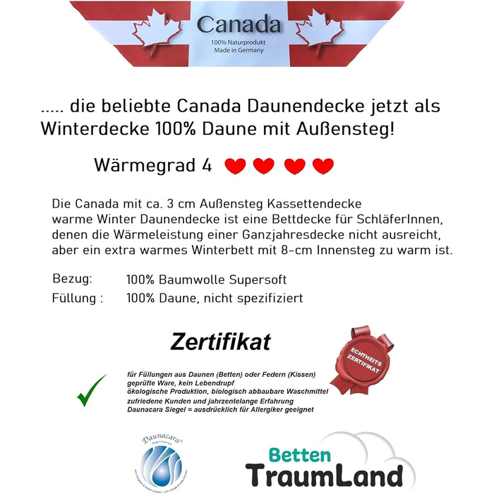 Ковдра зимова Canada з касетною прошивкою, 100% пух, 200x220 см, біла, чохол 100% бавовна Supersoft