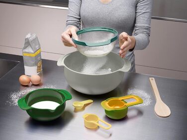 Joseph Joseph Nest 9 Plus, 9-Piece Compact Food Preparation Set with Colander and Colander Liner, Measuring Cup – Opal