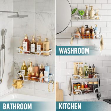 Поличка для душу TAILI без свердління, регульована, набір 2 шт. з гачками, нержавіюча сталь, чорний/срібний, органайзер для душу, кухні, ванної кімнати