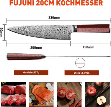 Ніж кухарський FUJUNI Damast Profeсійний 20 см з лезом з 67 шарів VG10 Дамаск, дерев'яна ручка, подарункова коробка