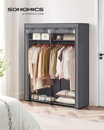 SONGMICS Storage Cabinet, Portable, with Hanging Rod, Foldable, Wardrobe, Bedroom, Office, 140 x 43 x 174 cm, Grey RYG02GY