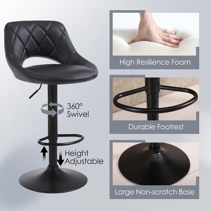 Chummaven 2-Piece Adjustable Bar Stools with Backrest - Faux Leather Kitchen Bar Stools with Chrome Footrest - Padded Barstools for Home Bar, Black