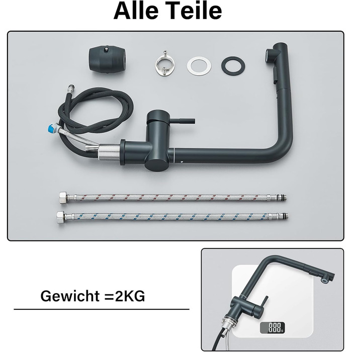 Змішувач кухонний Rozin для мийки, чорний матовий, з висувною лійкою, поворотний 360°, 2 режими, для кухні