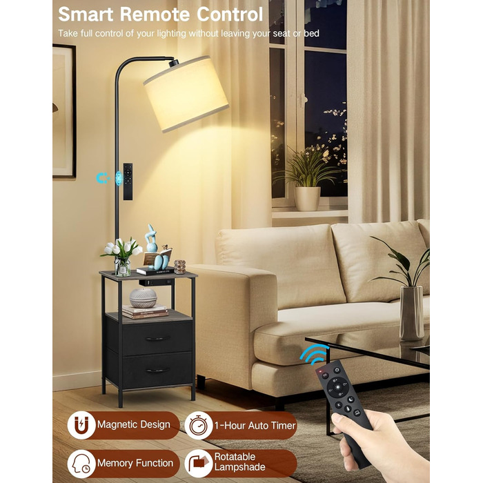 Стельова лампа для вітальні з поличкою та столиком, регульована LED, з пультом, 3 колірні температури, приліжний столик з підзарядкою та полицею, дерев'яний столик для спальні/офісу (сірий з шухлядами)