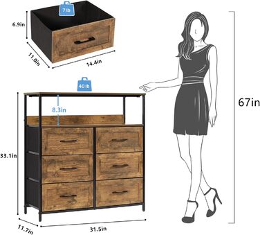 LYNCOHOME Chest of Drawers with Fabric Drawers, Sideboard Entryway Cabinet with 6 Fabric Drawers and Compartments, Drawer Organizer Furniture for Kitchen, Office, Bedroom (Embossed Brown)