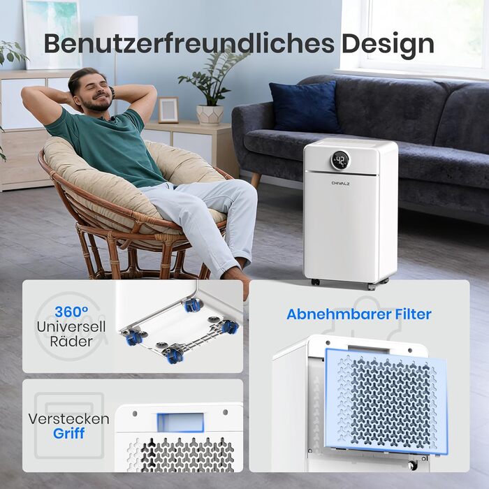 Електричний осушувач повітря CHIVALZ для автомобіля та приміщень до 30 м²/120 м³, 3 режими роботи, таймер 24 год, автоматичне розморожування, енергозбереження, білий